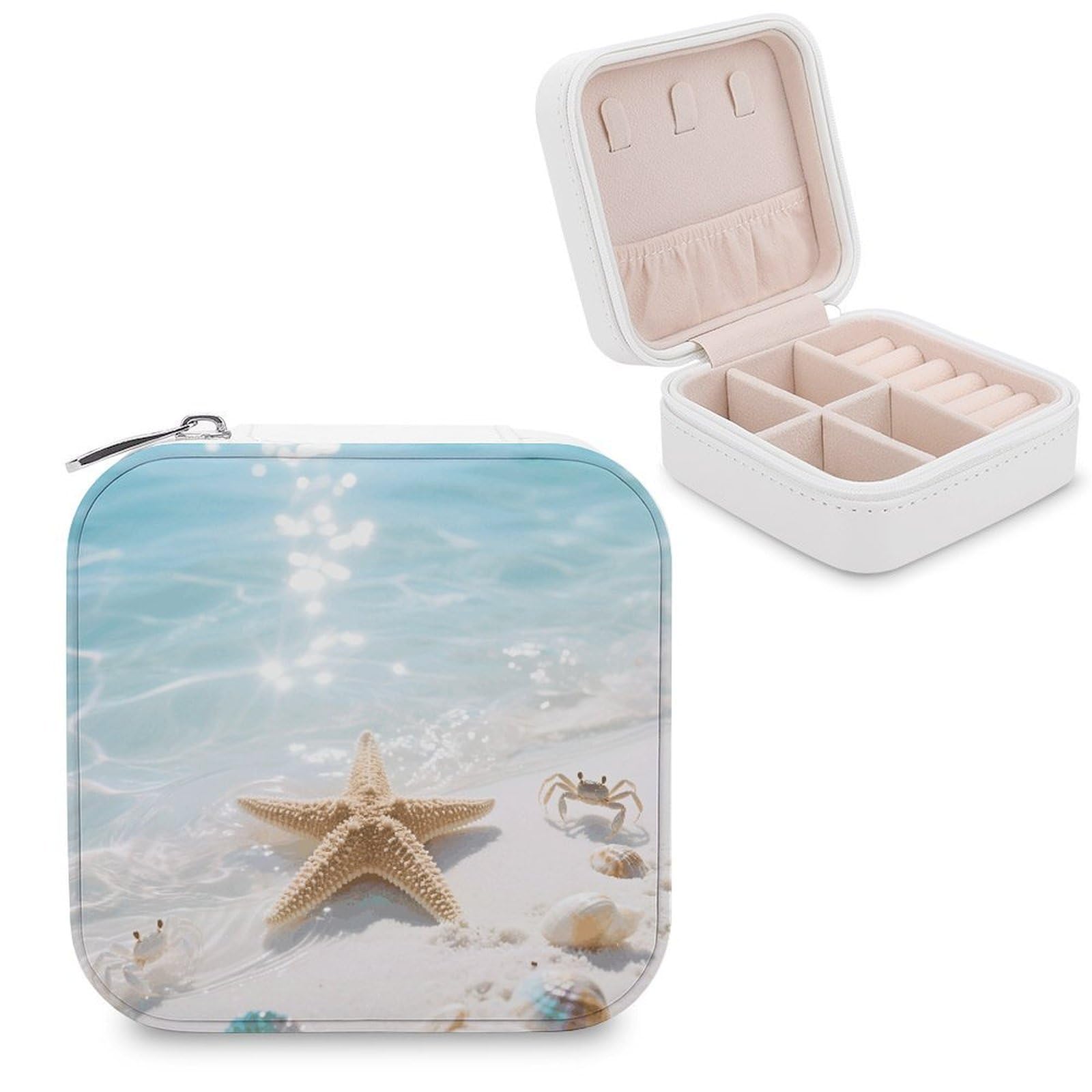 VstaDank Starfish Blue Ocean Jewelry Organizer Travel Case for Women With Zipper Mini Jewelry Case PU Leather Jewelrys Box for Rings Necklaces Bracelets Earring Holder Organizer Storage