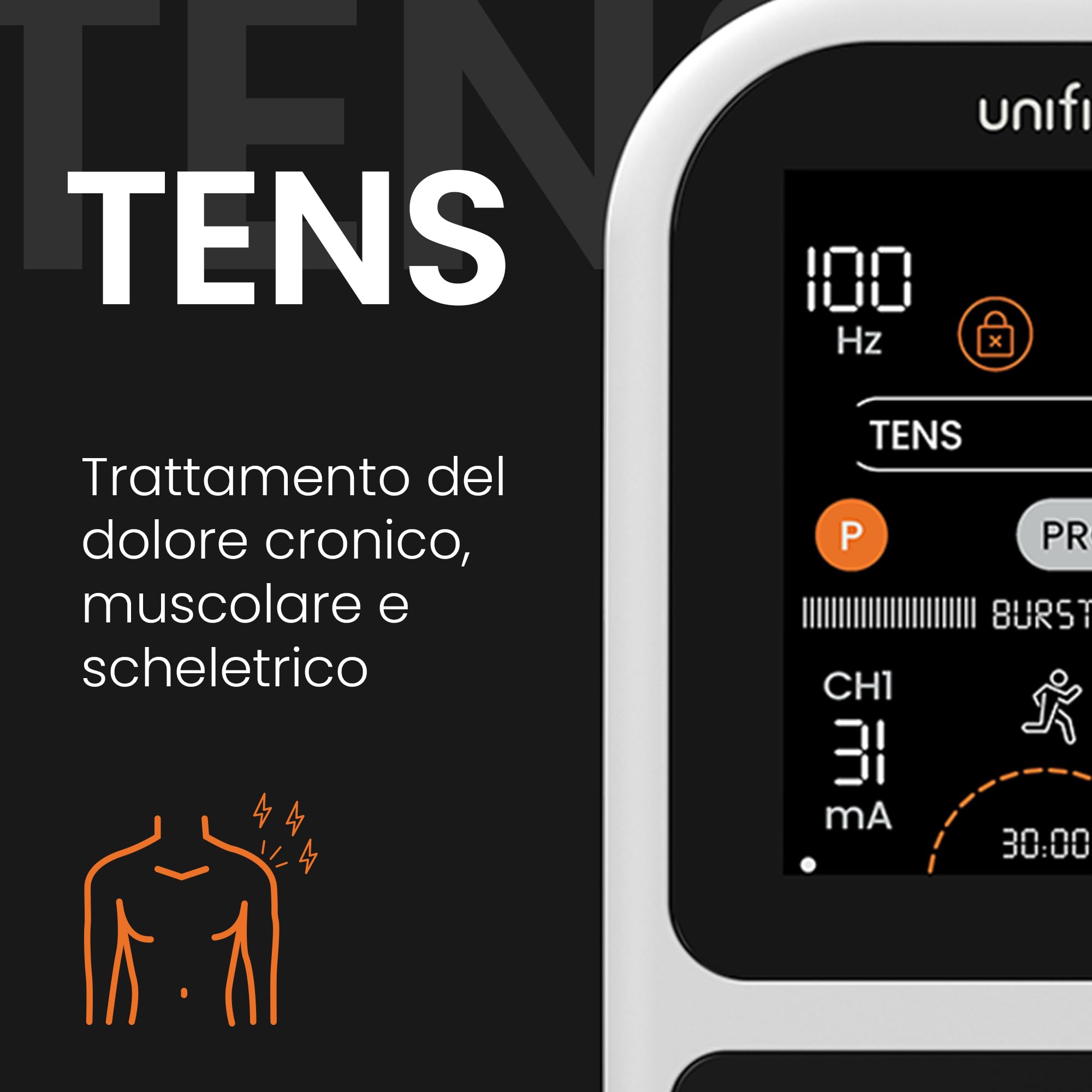 TensCare Unifit Bundle – Elettrostimolatore TENS, EMS e Massaggio Muscolare Ricaricabile + Elettrodi TENS SF150 per Ginocchia, Spalle, Gomiti e Articolazioni Autoadesivi Riutilizzabili