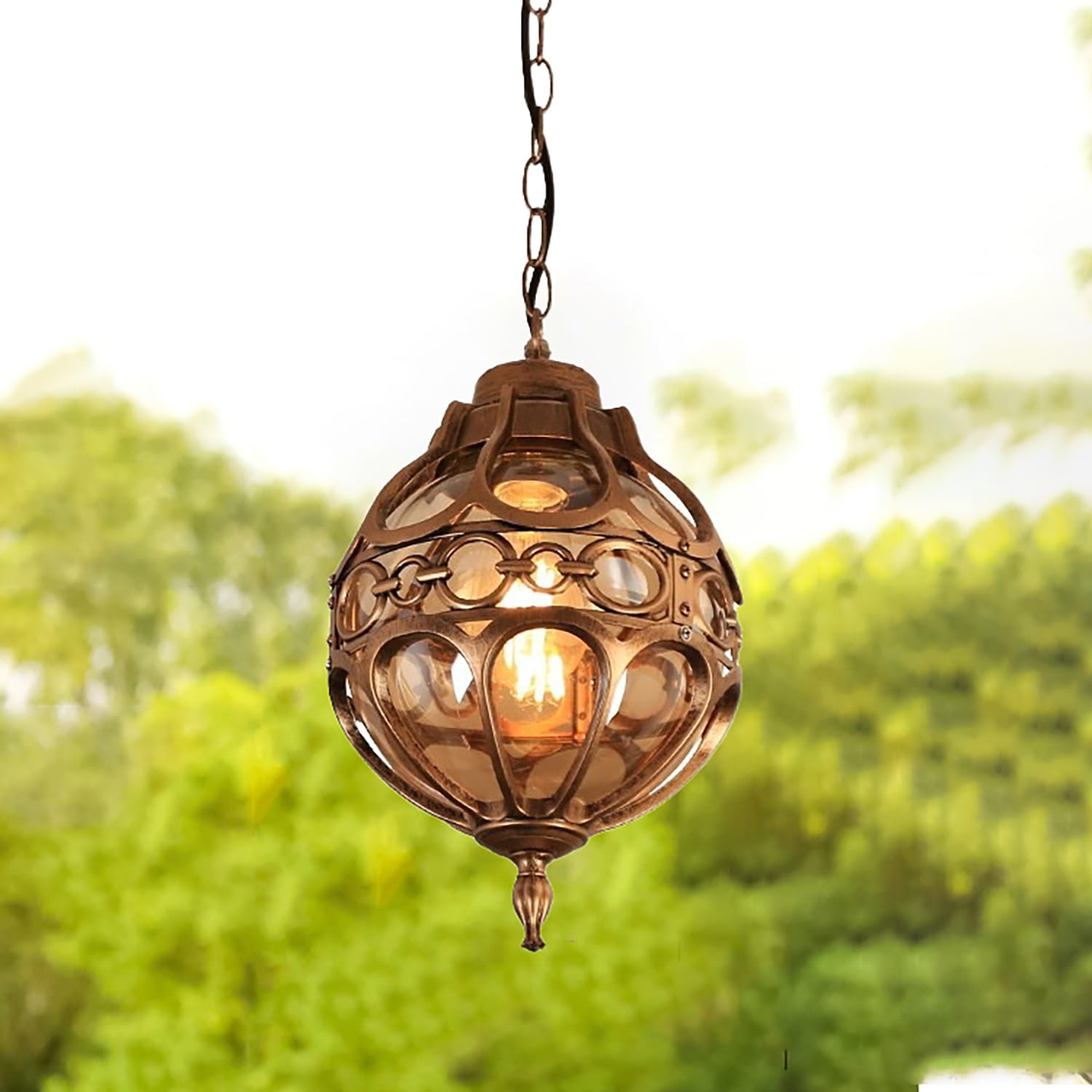 XIMYASEE Outdoor Chandelier, Industrial Aluminum Glass Hanging,Vintage Pendant Lights,Ceiling Lights E27 Height Adjustable, Waterproof Globe Pendant lamp for Porch Hallway Indoor (Bronze)