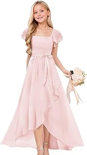 Junior Bridesmaid Dresses for Teens Girls Short Sleeve Chiffon Flower Girl Dress for Wedding