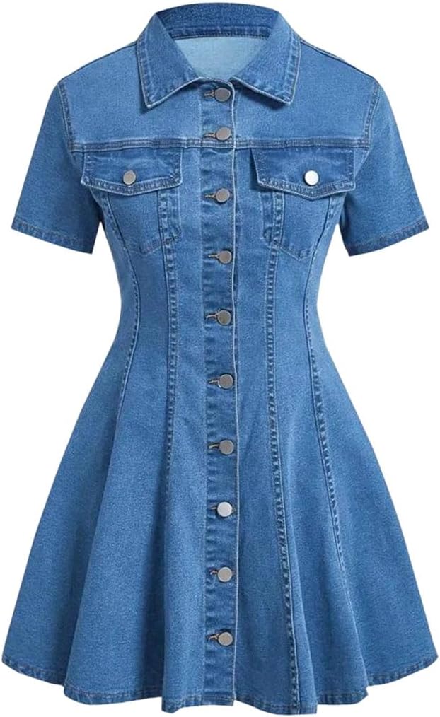 Women's Spring Summer Short Sleeve Denim Dress Shirt-Style Slim Fit A-Line Casual Single-Breasted