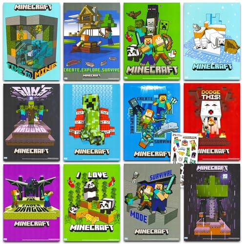 Minecraft Posters for Boys & Girls Rooms - 12 Wall Decor Posters & Stickers | Officially Licensed, Multicolor, Modern, Paper, Indoor, Rectangular, 8' x 11', Steve, Wall, Wood, Plastic