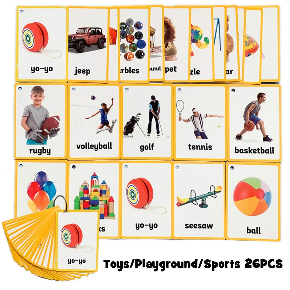 SANCENT 26 Pcs Toys/Playground/Sports Cards- Learning Picture & Word Card Flashcards(English word learning card & pocket size flash card for children and Preschool),4.33x3.15in