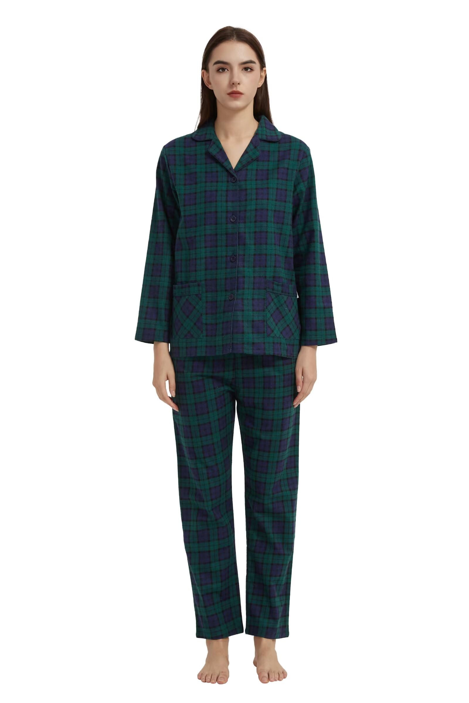 GLOBAL Conjunto de Pijama Algodón para Mujer Conjunto de Pijama Franela Suave Floral de Manga Larga con Botones para Mujer Ropa de Dormir con Cordón Transpirable para Mujer