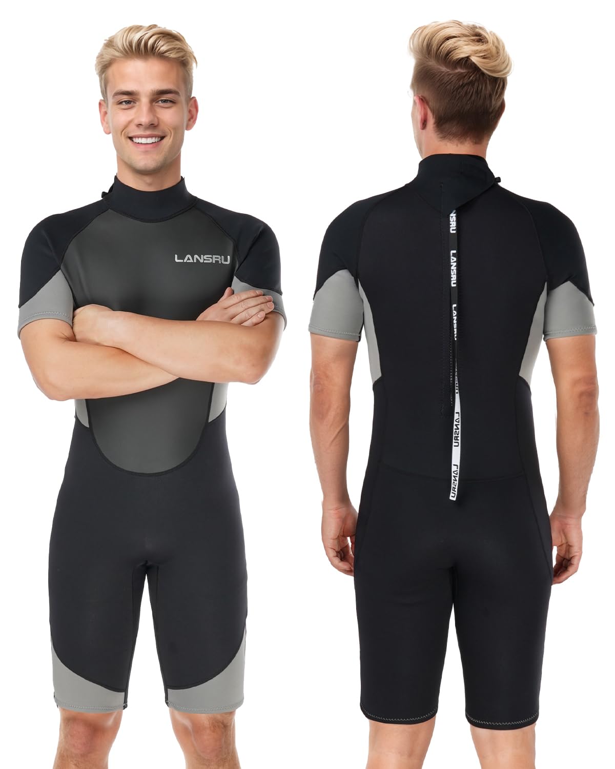 Lansru Shorty Wetsuits for Men - 2mm Upgraded CR Neoprene Wet Suit | UV Protection | Ideal Wet Suit for Men Cold Water Swimming| Back Zip for Surfing Snorkeling Diving Swimming