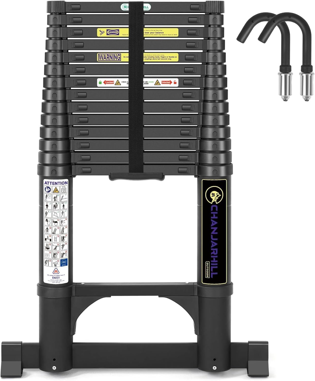 Aluminium Telescopic Ladder 4.4 m – High Quality Aluminium Extendable Ladder with Stabiliser and Removable Hooks Sturdy Portable Extendable Ladder Support Ladder Ladder