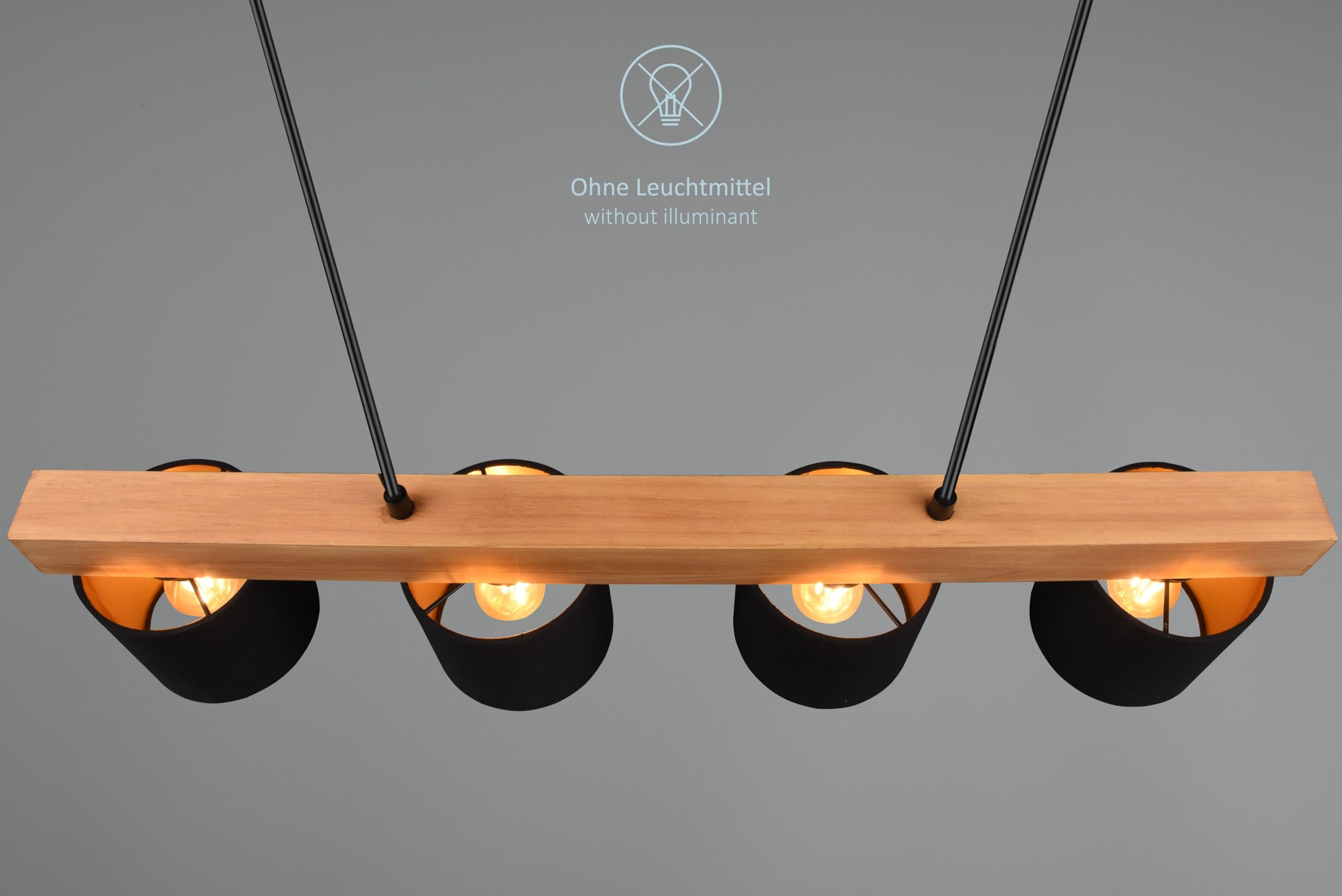 Cameron Pendelleuchte, 4-flammige Hängelampe, Schirm aus Stoff in schwarz gold, Korpus aus Holz, Hängeleuchte Esstisch, Höhe: verstellbar bis 150 cm, Breite: 75 cm, exkl. 4 x E14 max. 28W