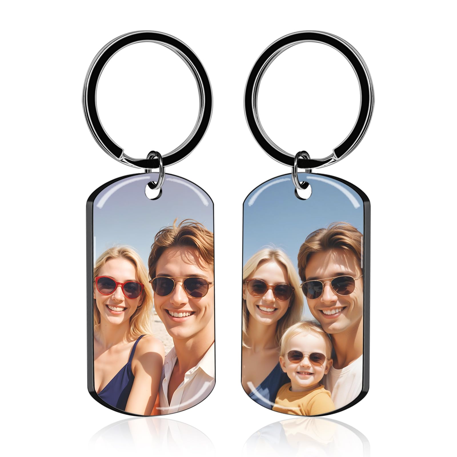 BEXOA Personalised Keyring, Custom Photo Engraved Text Key Ring Customised Keychain Anniversary Memorial Gifts for Him Men Boyfriend Dad Family (UV drip glue - Double-sided photos)