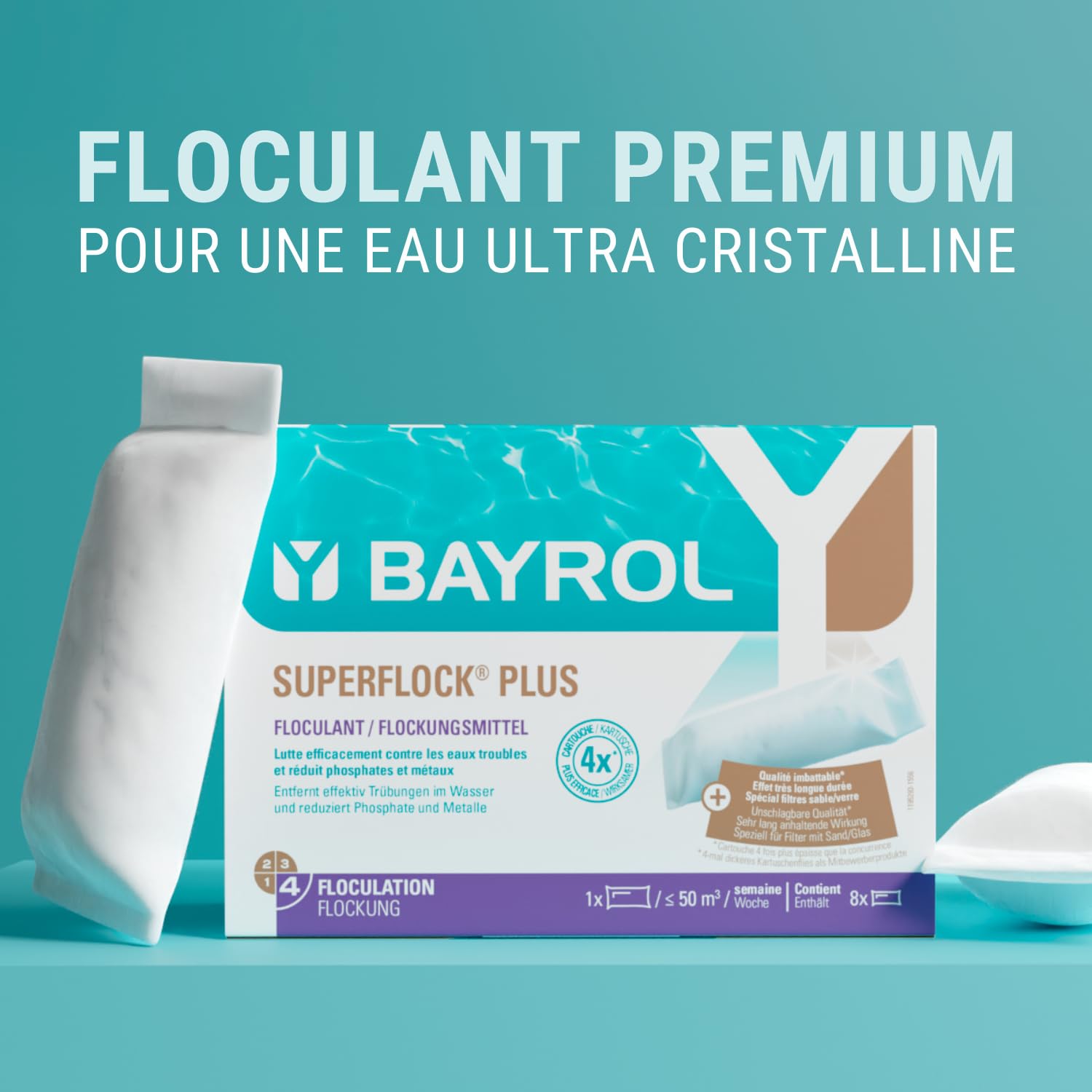 BAYROL Superflock Plus 1 kg - Floculant Piscine pour Filtre à Sable/Verre - Formule avec lanthane - Élimine Les Particules Fines, métaux & phosphates - Rend l‘Eau cristalline