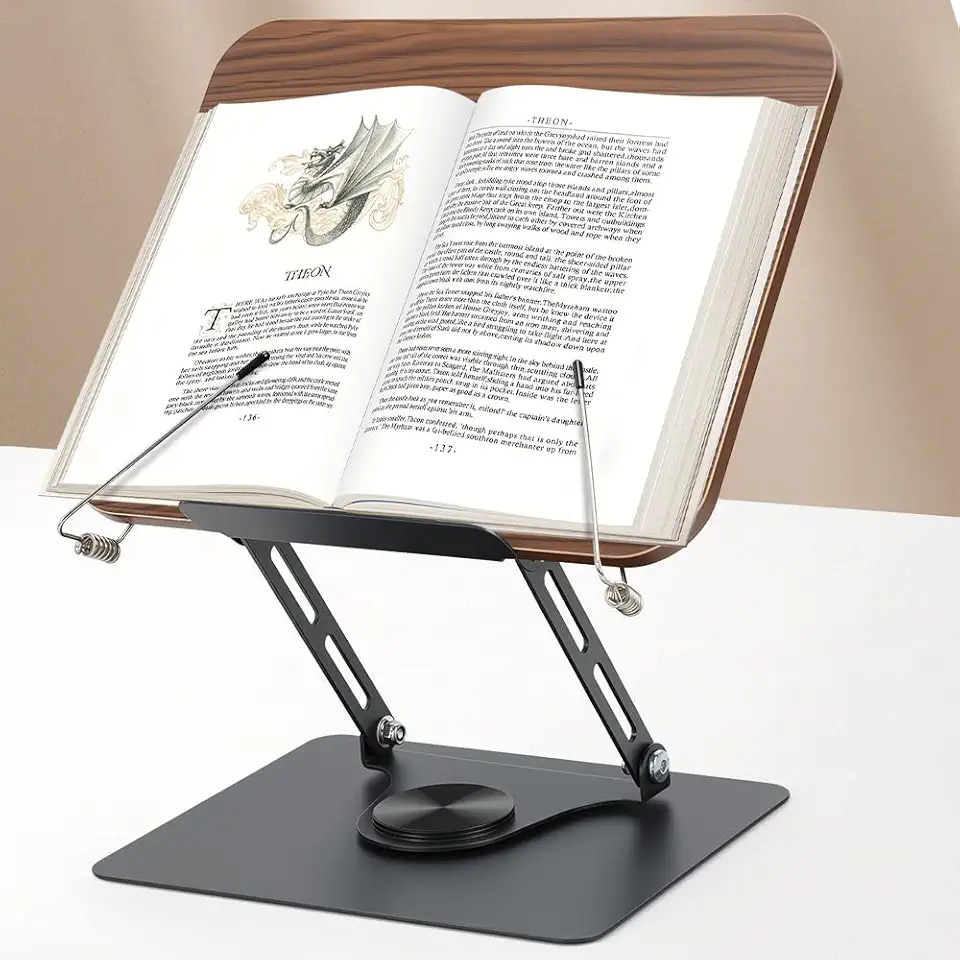 Suporte para Leitura de Livros, Suporte Dobrável, Ajustável com Base Giratória de 360°, Clipes de Página Elásticos para Partituras de Música, Receita, Tablet, Laptop, Resistente e Duradouro