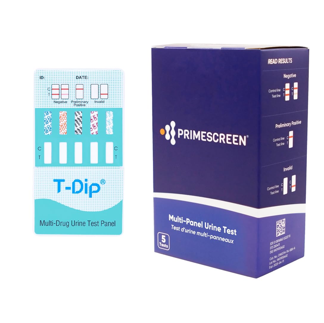 PrimeScreen - [5 Pack] 5 Panel Urine Drug Test - Marijuana (THC),Cocaine (COC),Opiate (OPI 2000),Benzodiazepines (BZO),Methamphetamine (MET) WDOA-654