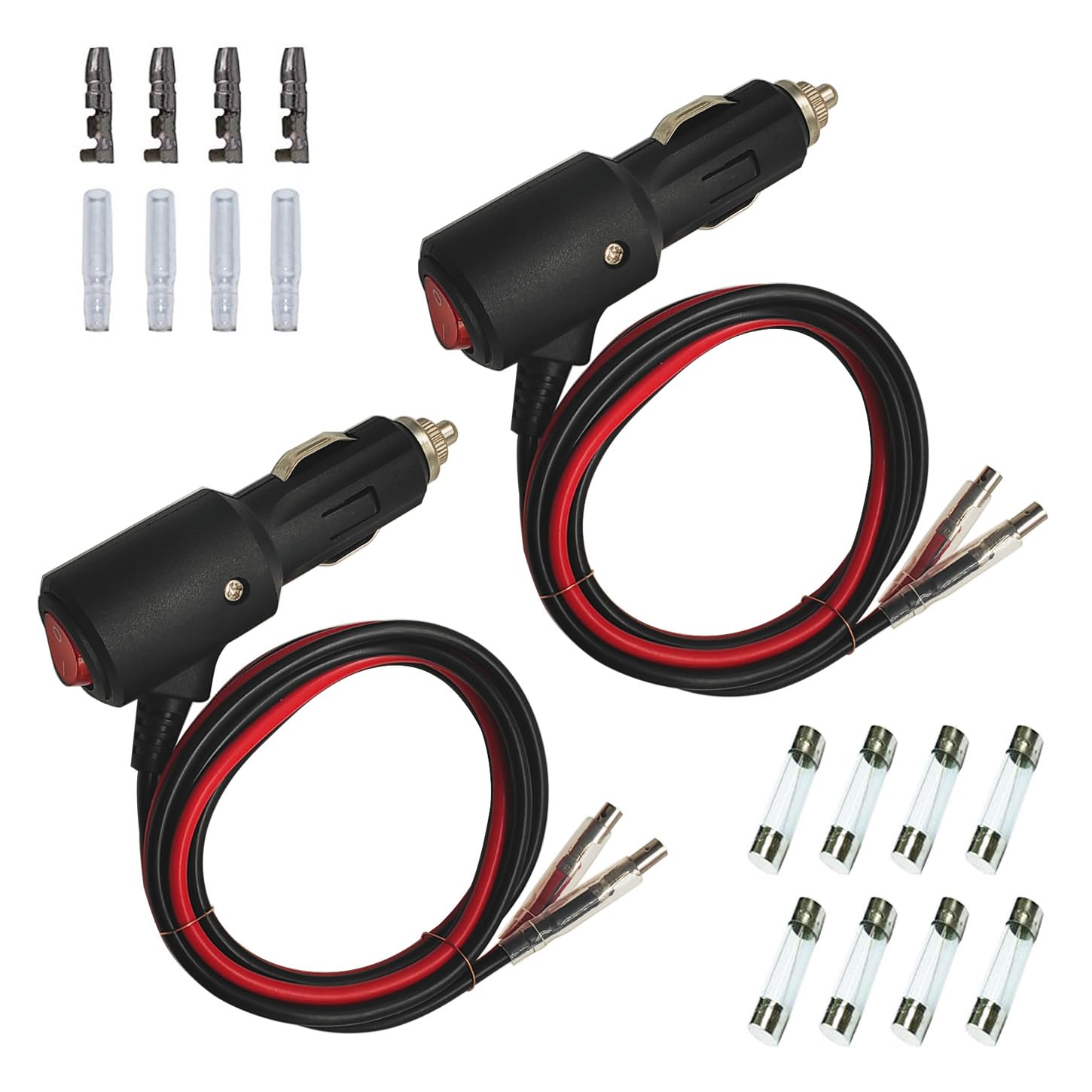 QUOTRE 2 stuks sigarettenaanstekerstekkers voor auto, 12 V/24 V, 15 cm, 16 AWG verlengkabel, sigarettenaansteker-stekker met 4 x 10 A en 4 x 15 A zekeringen (15 cm