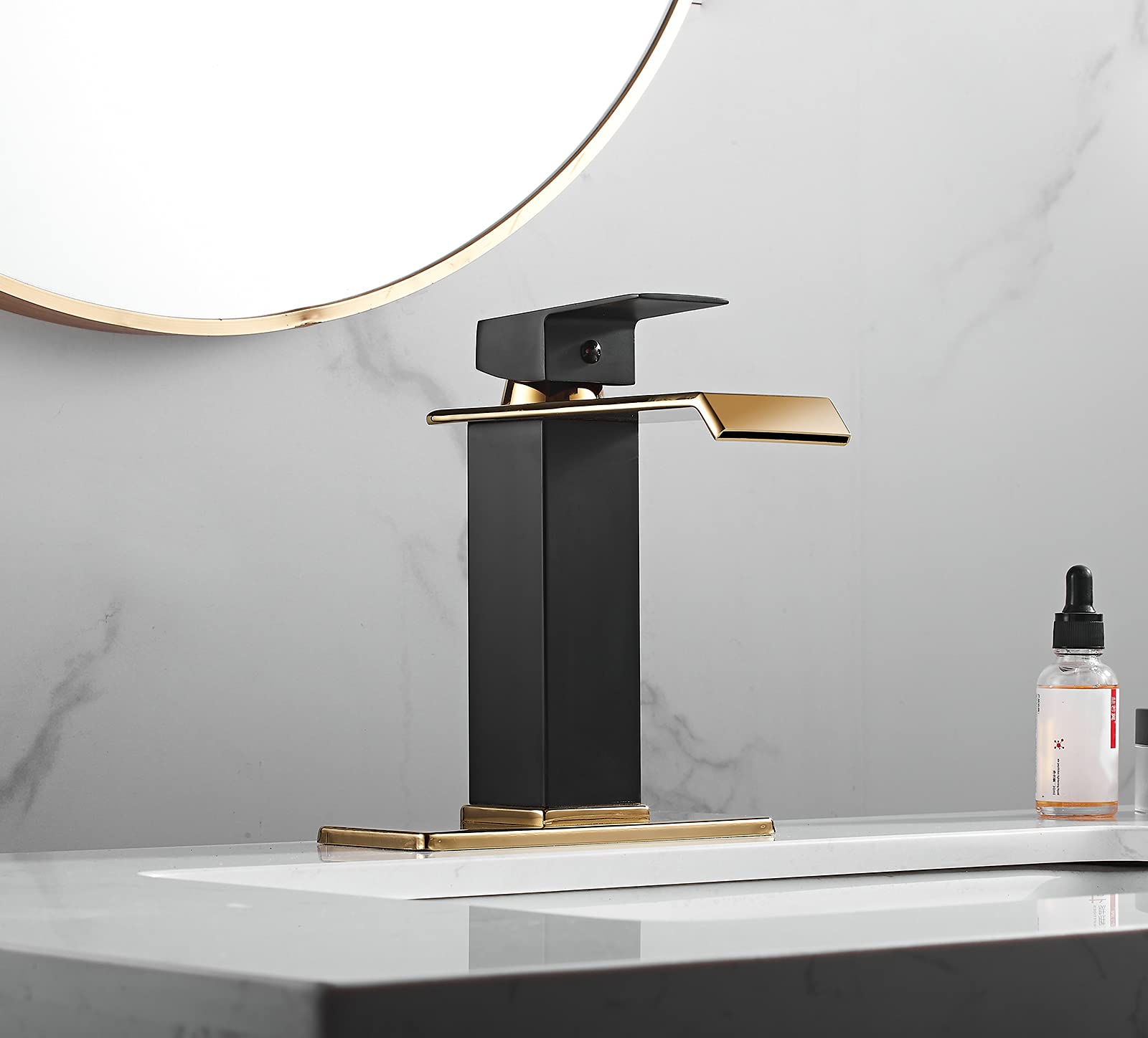 Black Bathroom Faucet Gold Waterfall One Handle 1-3 Hole Lavatory Vanity Sink Faucet with Water Supply Hose Deck Mount Commercial