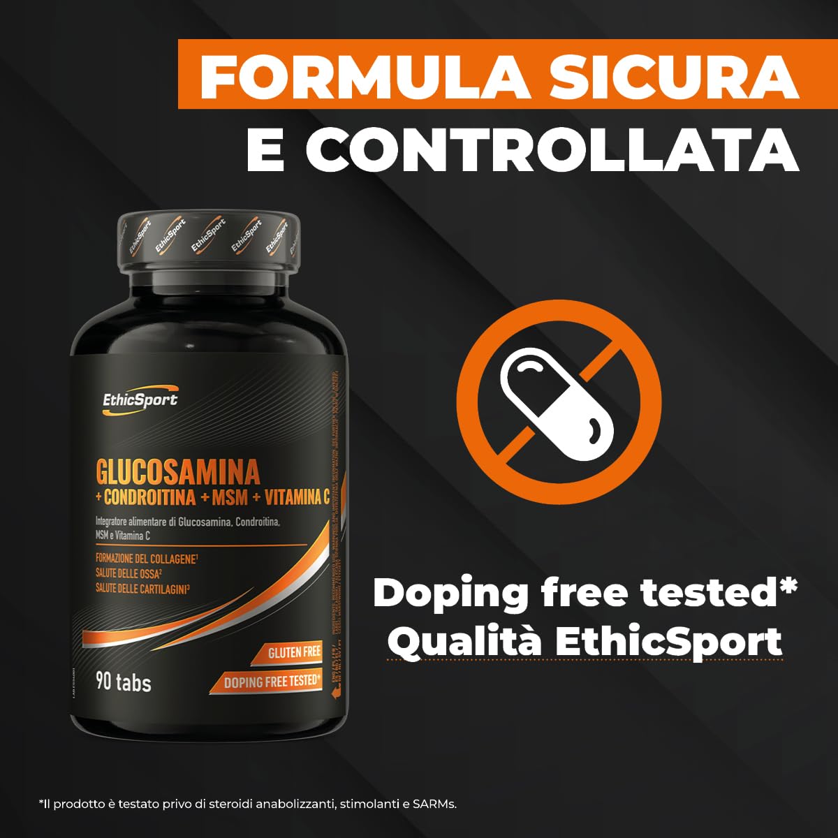 Glucosamina + Condroitina + MSM EthicSport – Integratore articolazioni con Vitamina C 100% NRV per collagene, cartilagini e ossa – 90 compresse – Gluten free, doping free tested*