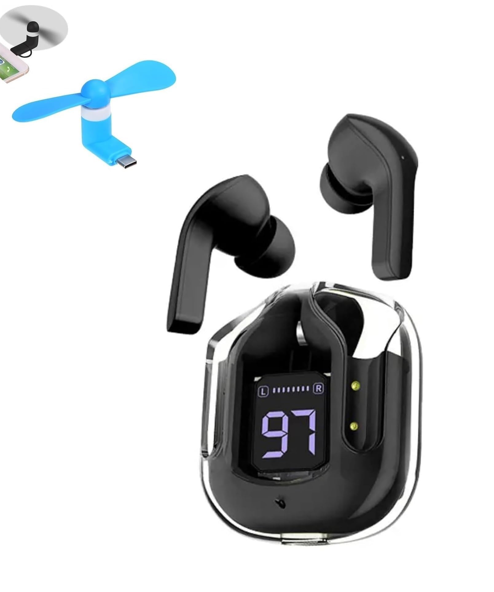 easyshop wireless ultrapods earbuds tws bluetooth earphones with transparent charging case with mini fan combo offer