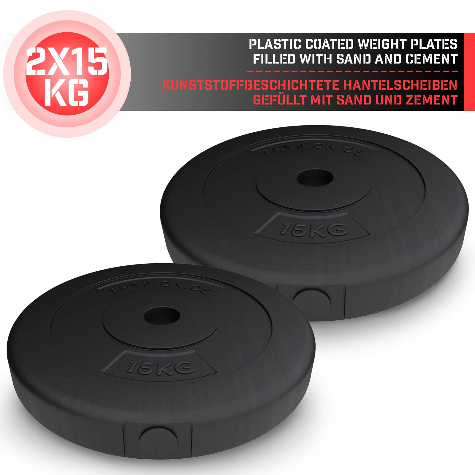 Physionics® Set di 2 dischi (2,5 kg/5 kg/10 kg/15 kg), diametro 30 mm, plastica, nero, set di pesi per manubri/longhatel/manubri corti