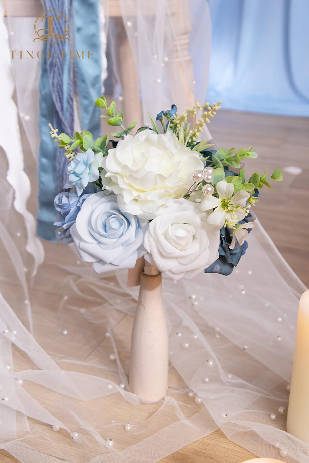 TINGE TIME 7 Inch Artificial Flowers Wedding Bouquets for Bridesmaid, Set of 4, Dusty Blue Bride Tossing Bouquet for Rustic Wedding Ceremony Bridal Shower Rehearsal Dinner Vintage Party