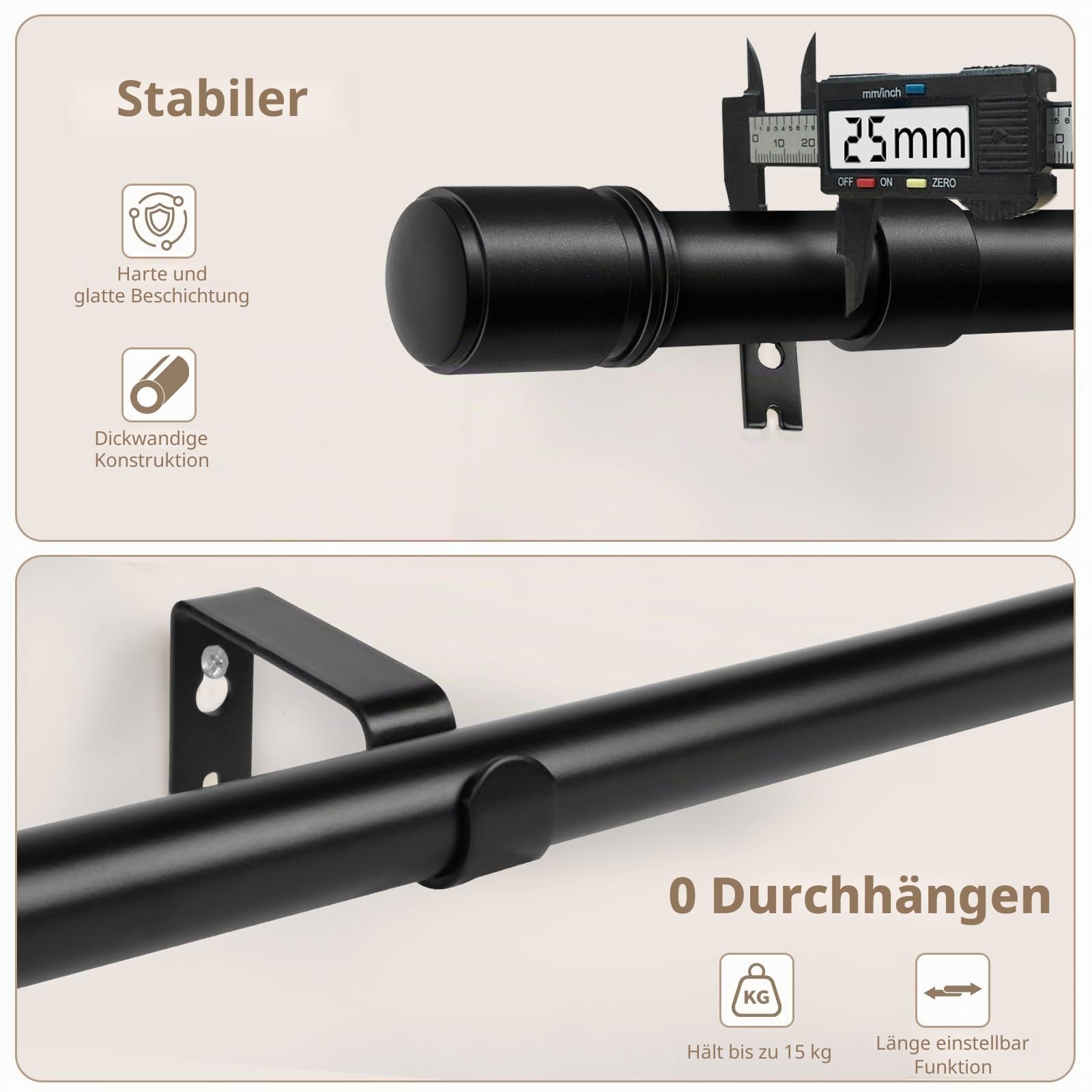 2 Stück Ausziehbare Gardinenstange Schwarz 80-218 cm, 25 mm Vorhangstange | Metall-Gardinenstange, bis 15 kg, Wandmontage, Einfache Montage, Inkl. Halterungen und Zubehör, für Wohnzimmer & Schlafzimmer