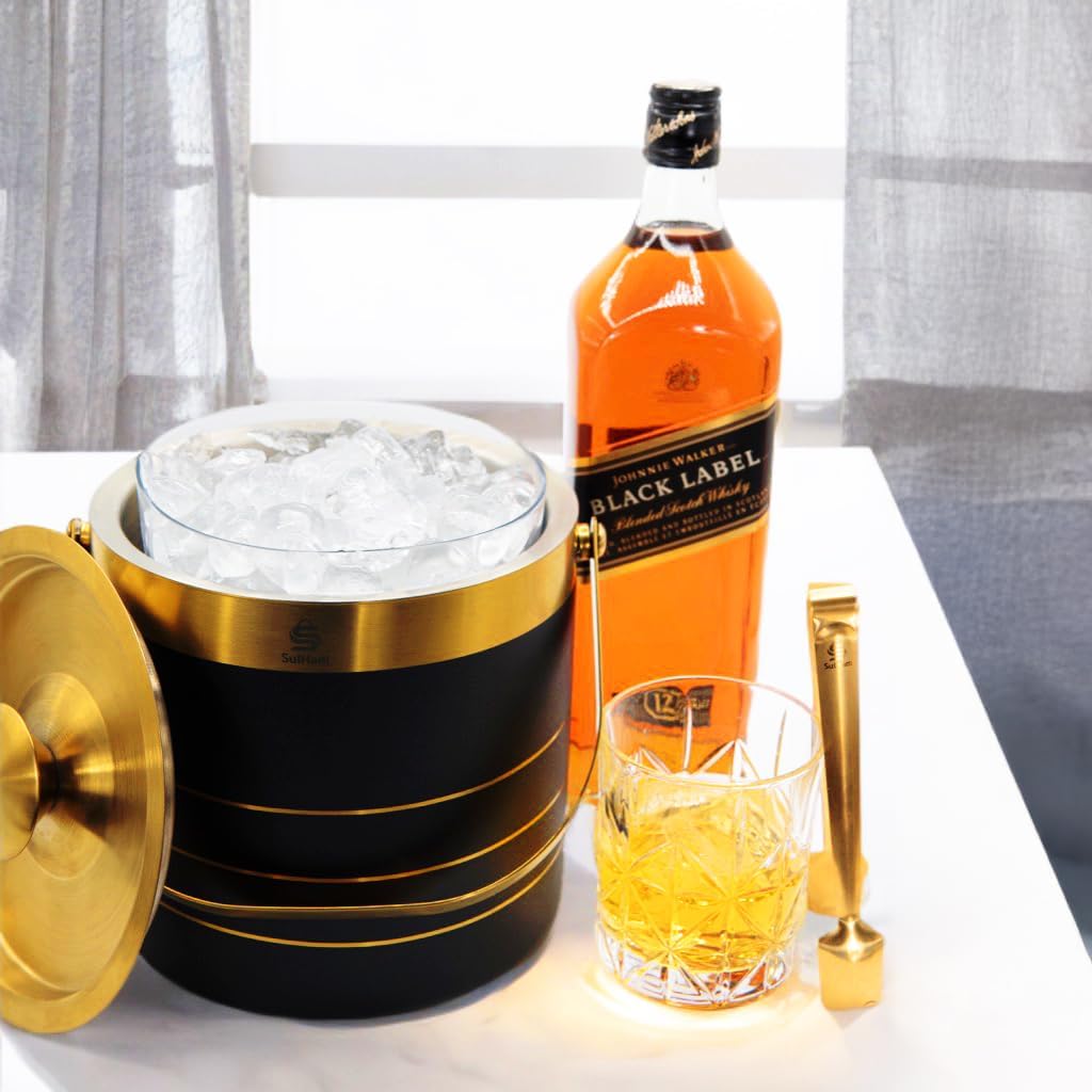 3L - Double-walled stainless Steel Ice Bucket with lid, Ice Tong and Inner Bucket for parties, cocktail bars and indoor and outdoor parties