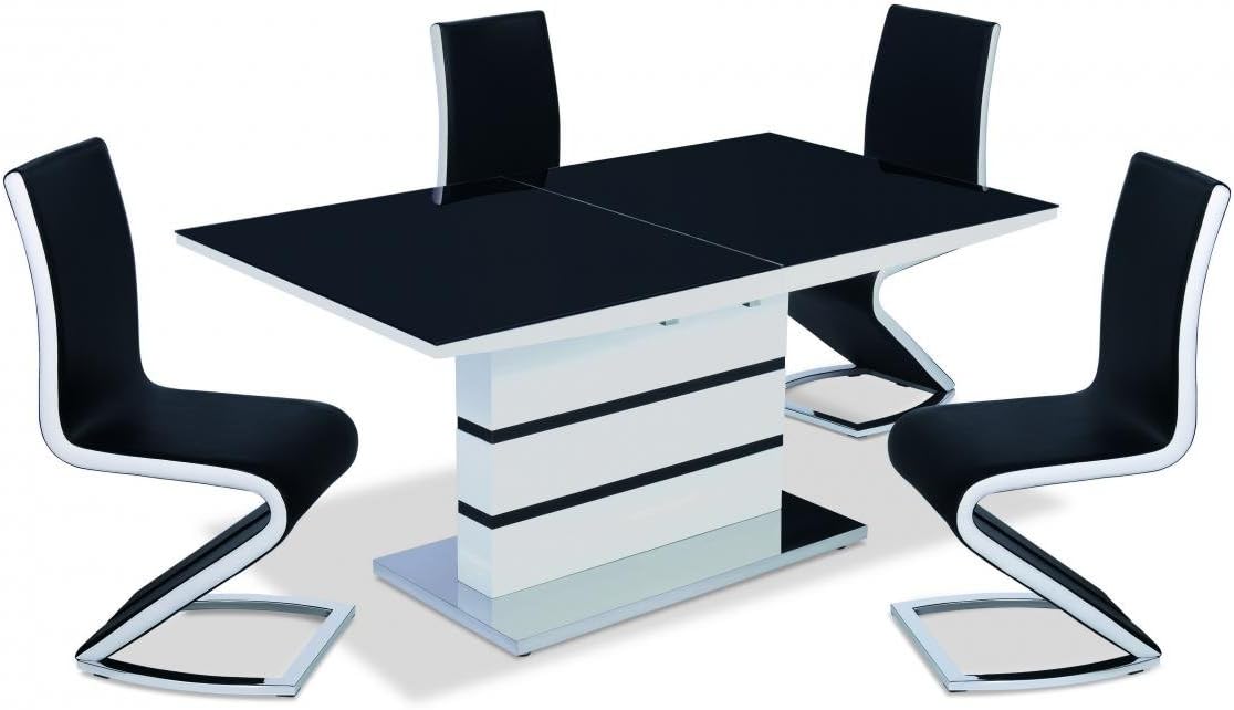 Aldridge High Gloss Dining Table White With Black Glass Top 4 chairs, Dining Room Table, High Gloss Frame & Stainless Steel Base, 1600W + (400) x 900D x 770H, Hallway/Dining Room Furniture