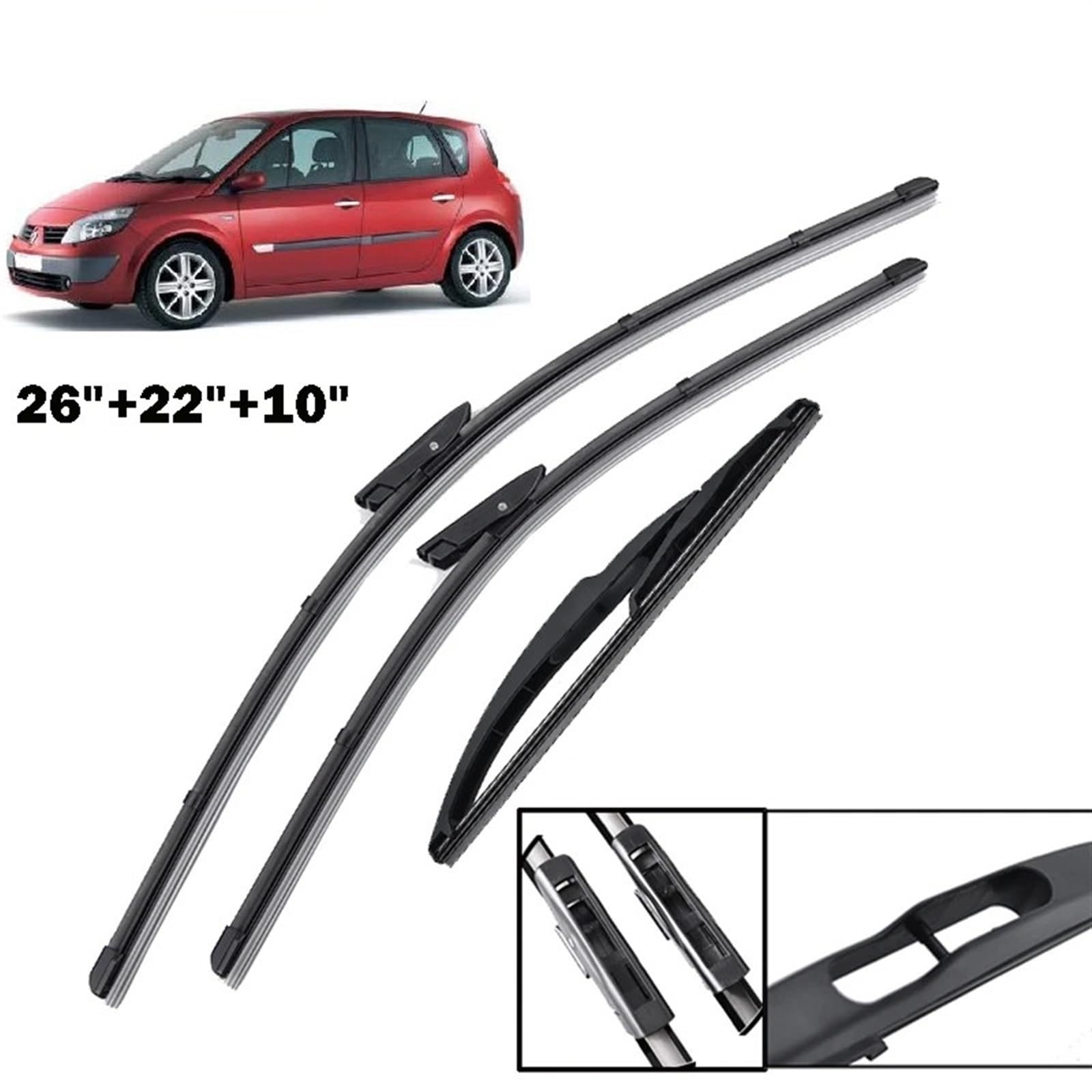 Limpiaparabrisas Coche Compatible Con Para Grand Para Scenic 2 2005 2006 2007 2008 2009 Juego De Escobillas Limpiaparabrisas Delanteras Y Traseras Piezas De Automóvil 26"22"10"