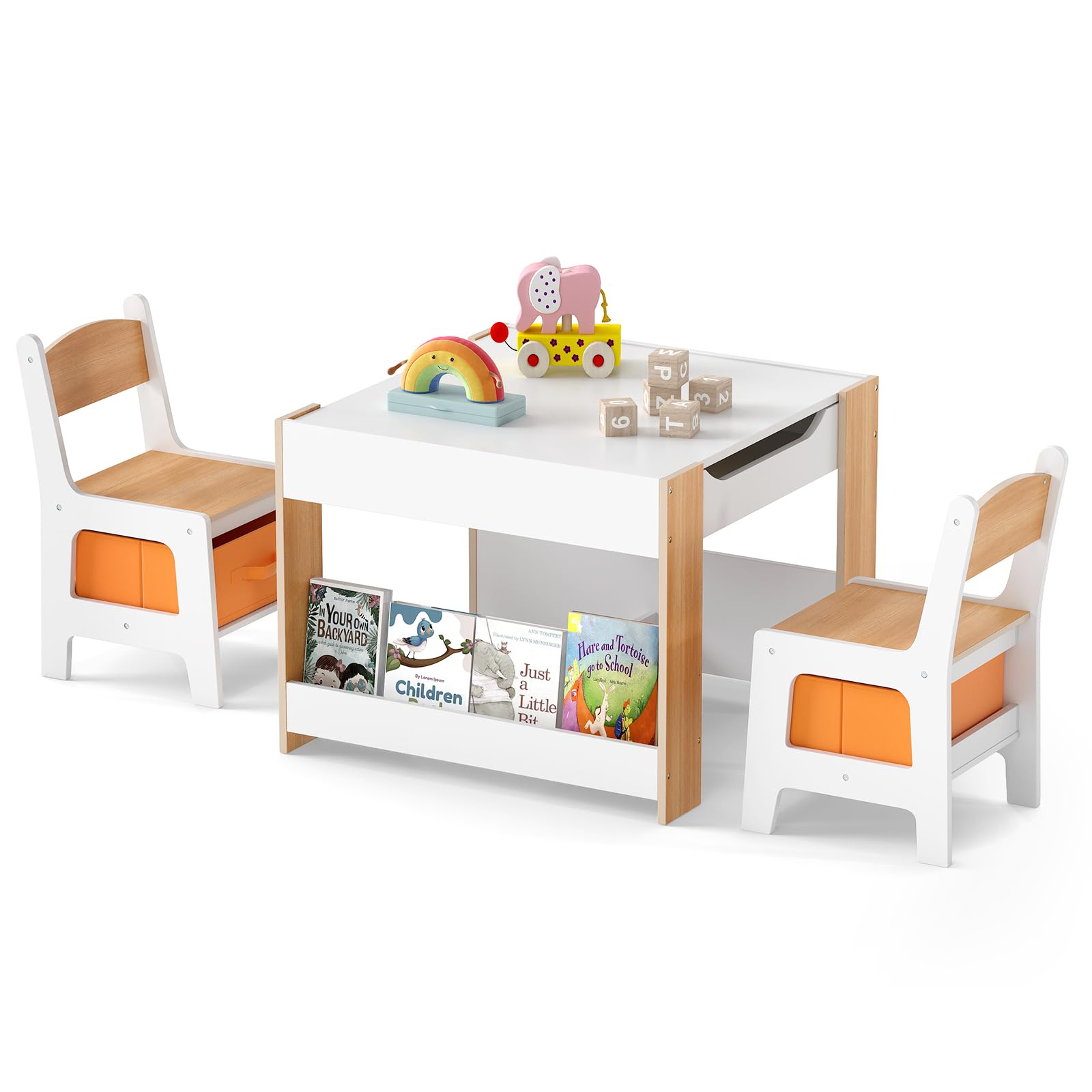 INFANS Kids Table and Chair Set, 4 in 1 Building Block Wooden Activity Desk with Reversible Tabletop Storage Drawers Bookshelves for Toddlers Art Craft Learning Reading Drawing Playroom (Natural)