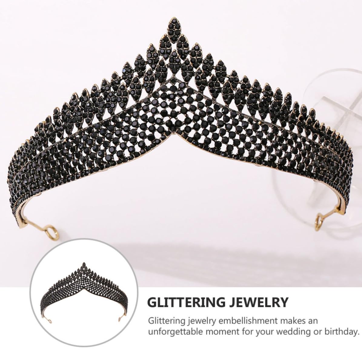 Black Rhinestone Tiara Bridal Headpiece for Women Retro Crown
