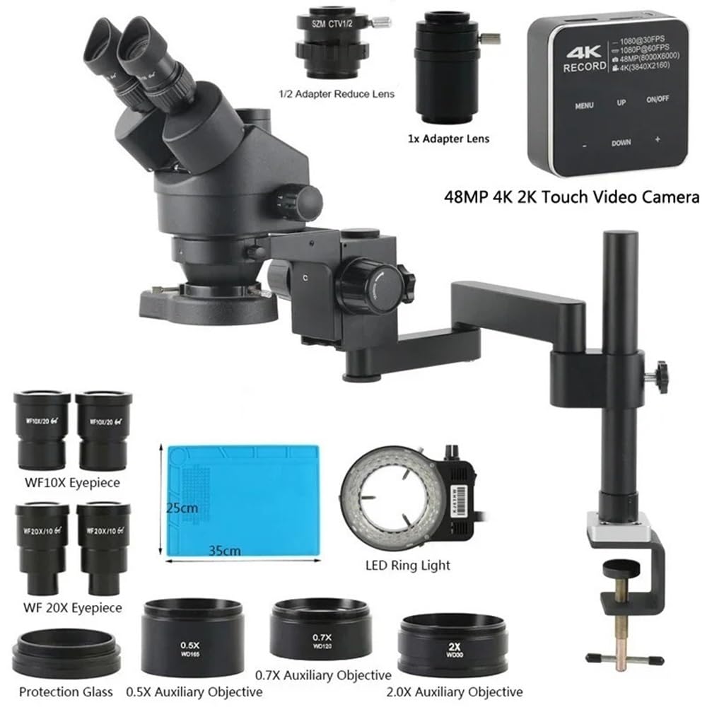 Microscope 3.5-180X Parfocal Simul-Focus Trinocular Stereo Microscope Rotation Articulating Arm 4K 48MP Touch Camera Set