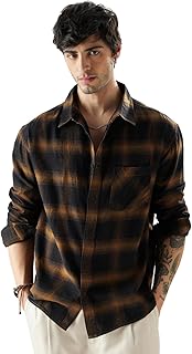 The Souled Store Plaid: Brown Mustard and Black Men and Boys Relaxed fit Striped Full Sleeve Cotton Multicolored Men Relax...