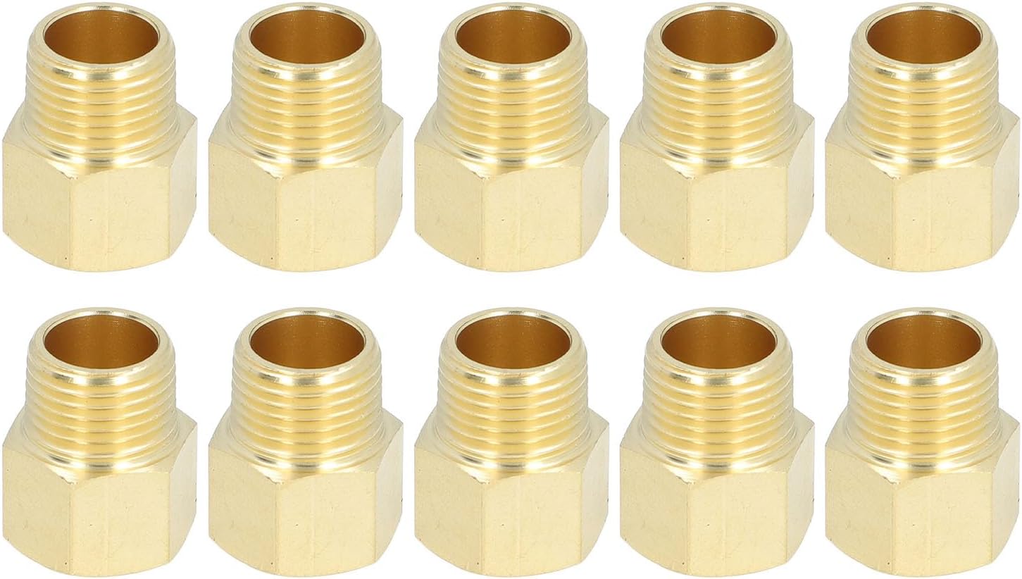Marhynchus 10pcs Brass Pipe Fitting, 1/2in NPT Male Thread X 1/2in NPT Female Thread Adapter Hex Nipple for Plumbing, Shower Head, Tub Spout, Fuel and Gas Systems