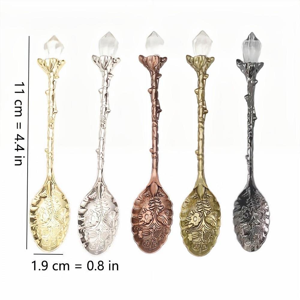 5-Piece Set - Retro Carved Crystal Head Pattern Zinc Alloy Leaf Spoon Creative Mug Dessert Coffee Ice Cream Fruit Tea Spoon (5 in 1)