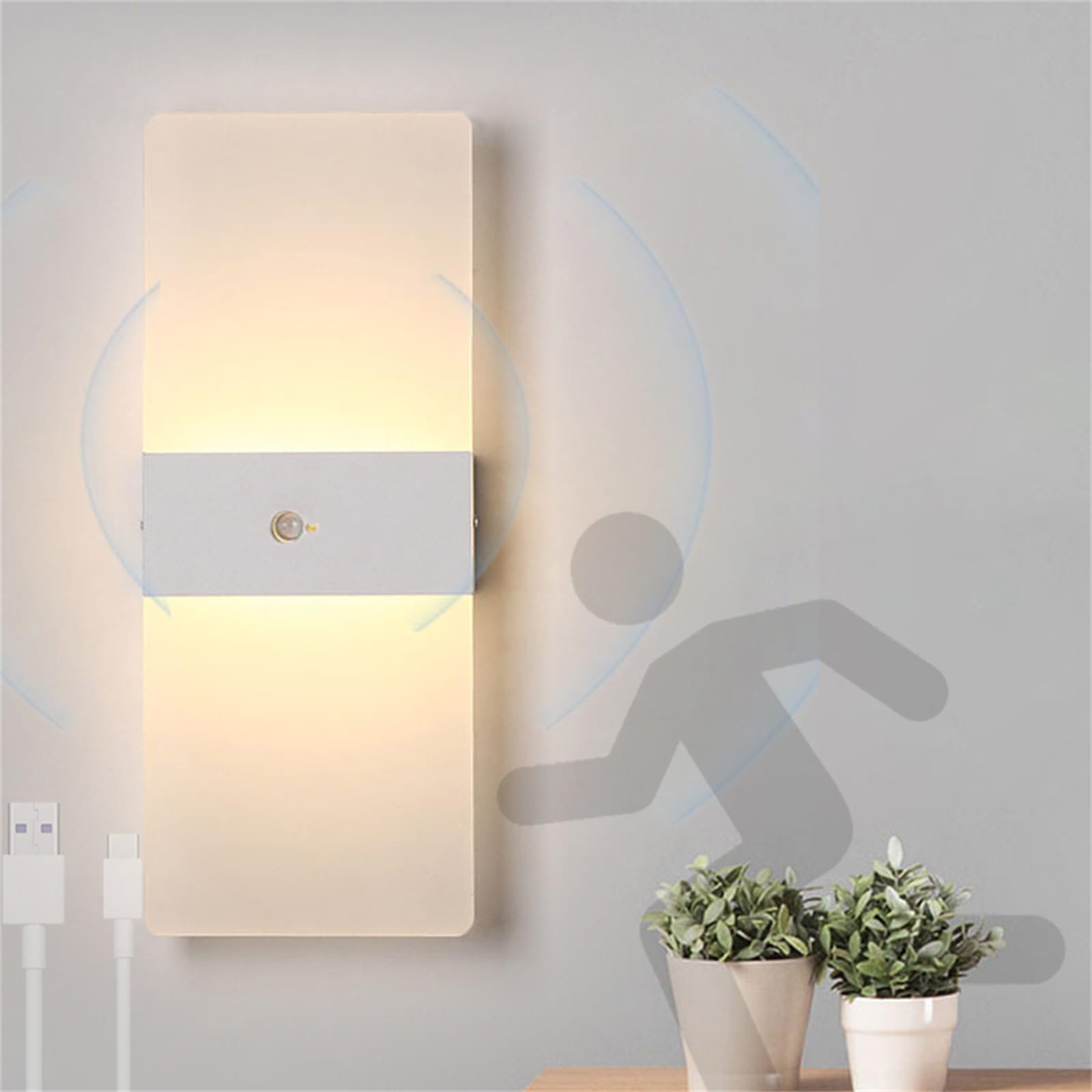 Applique da Parete a Batteria LED con sensore di Movimento Applique da Parete Senza Fili USB con interruttori Apparecchi per corridoio Comodino Ingresso (Bianco, Luce Bianca)