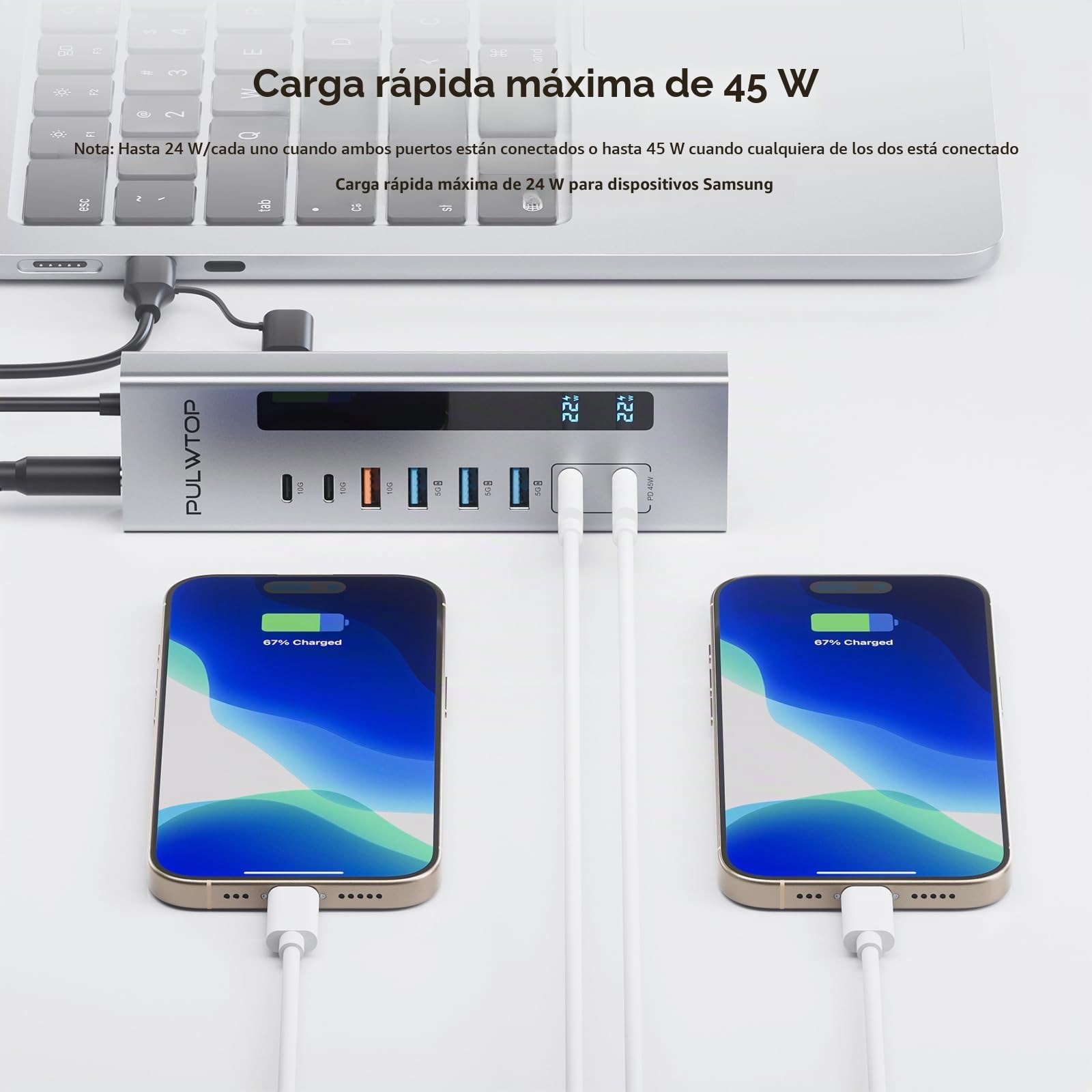 Hub USB Alimentado, USB C Hub con 2 Puertos de Carga PD Tipo C de 24/45 W | PULWTOP HUB USB con SD/TF, USB C 10Gbps, USB A 5/10Gbps y 2 * 24/45W Tipo-C PD de Carga (Adaptador DC de 72W Incluido)