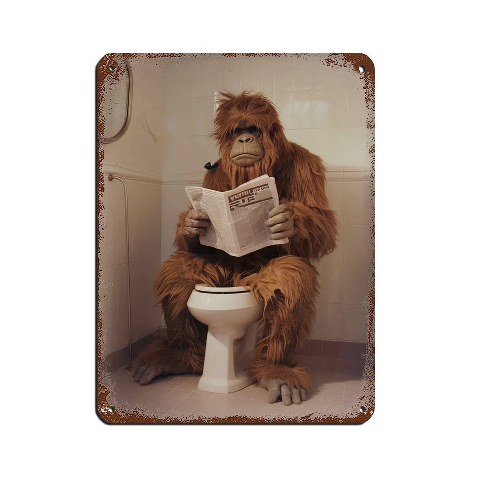 Lxwnze 30L X 40W Cm Sasquatch Sitting On The Toilet Reading A Newspaper (3) Tin Sign Vintage Metal Pub Club Cafe Bar Home Wall Art Decoration Poster Retro 12X16inch(30X40cm)