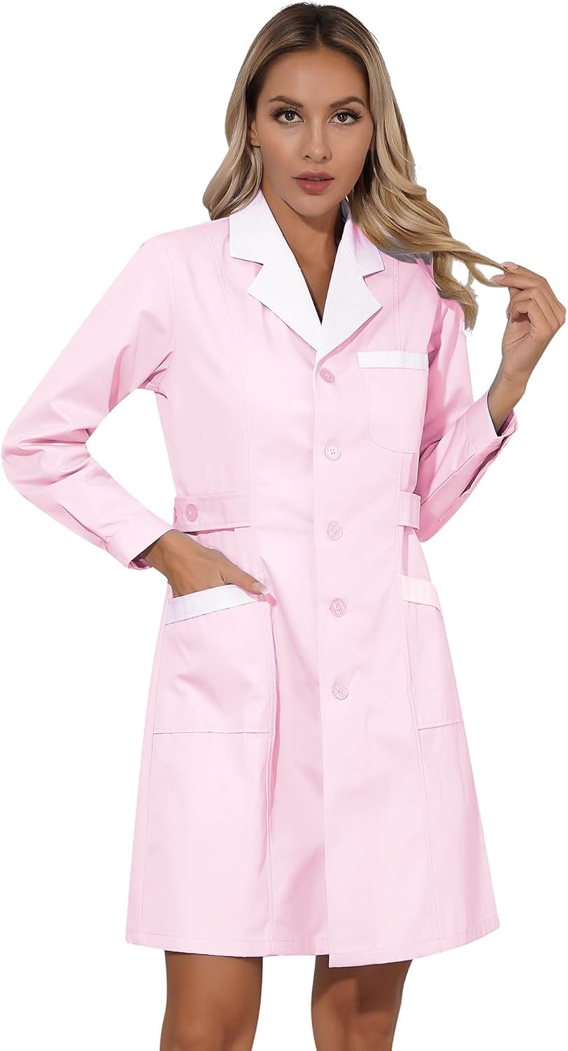 Jugaoge Women's Scrub Lab Coat White Long Sleeve Medical Uniform Cotton Laboratory Doctor Nurse Coat
