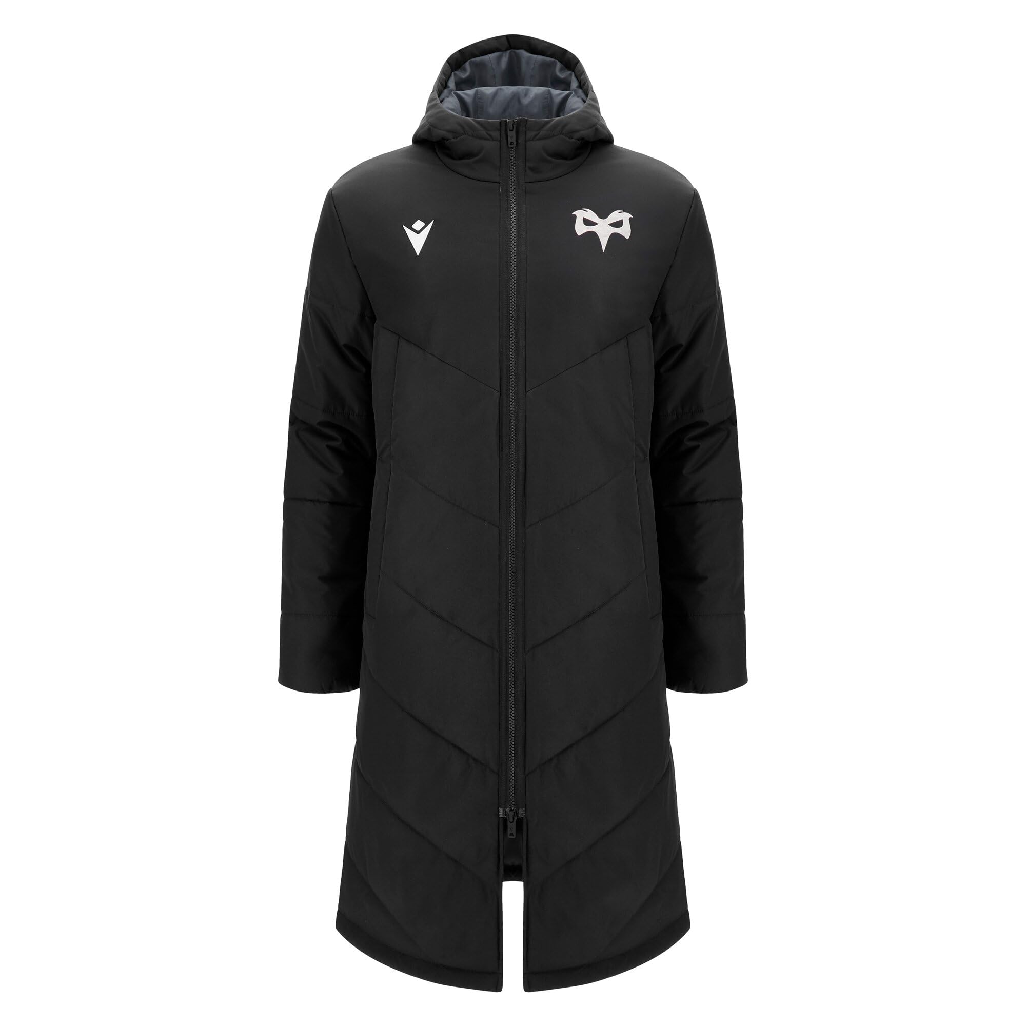 Macron Ospreys Rugby 2024/25 Adults Below Knee Bench Jacket (UK, Alpha, S, Regular, Regular, Black)