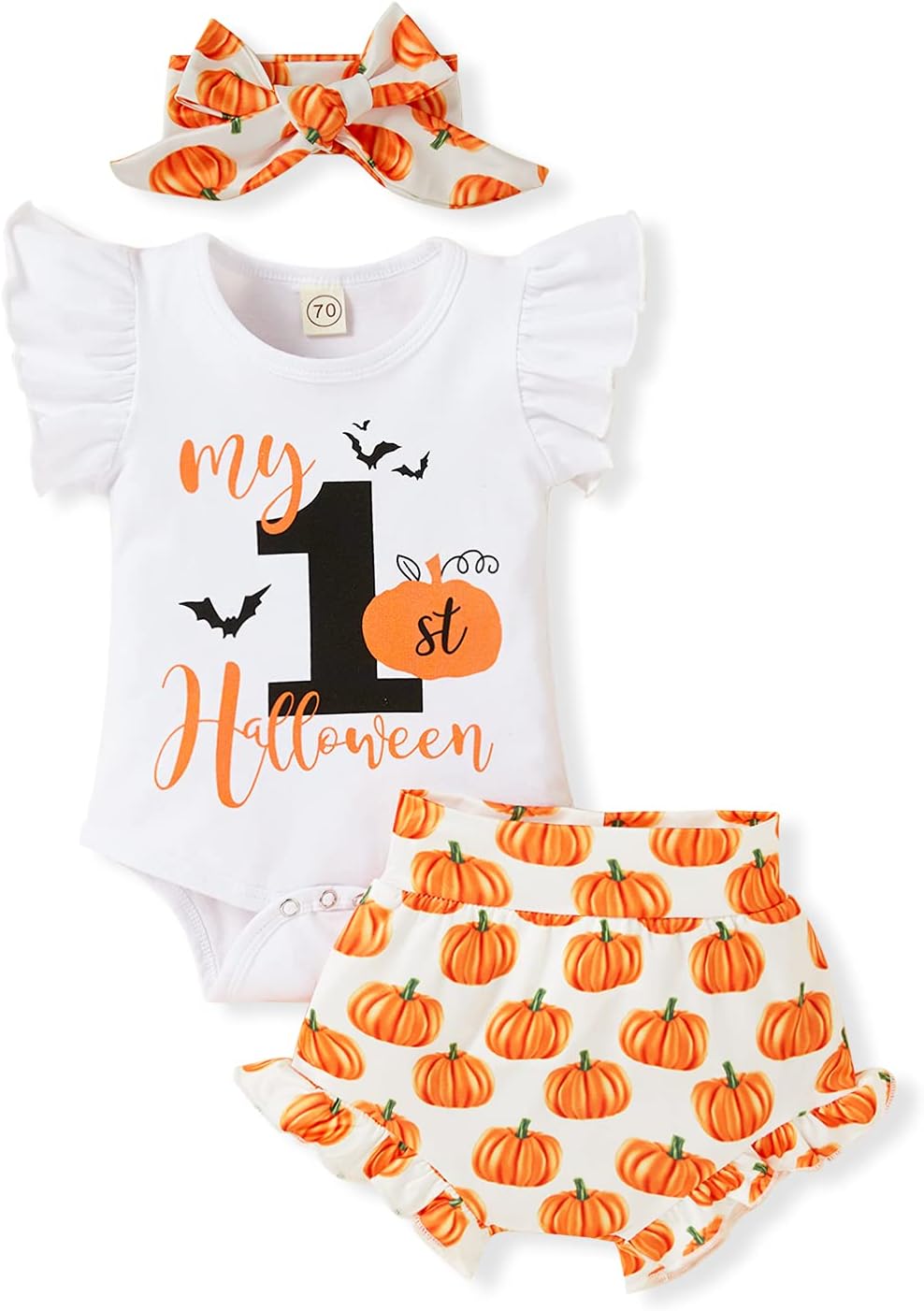 GRNSHTSNewborn Baby Girls Halloween Outfits My First Halloween Ruffle Romper+Pumpkim Shorts 3pcs Clothing