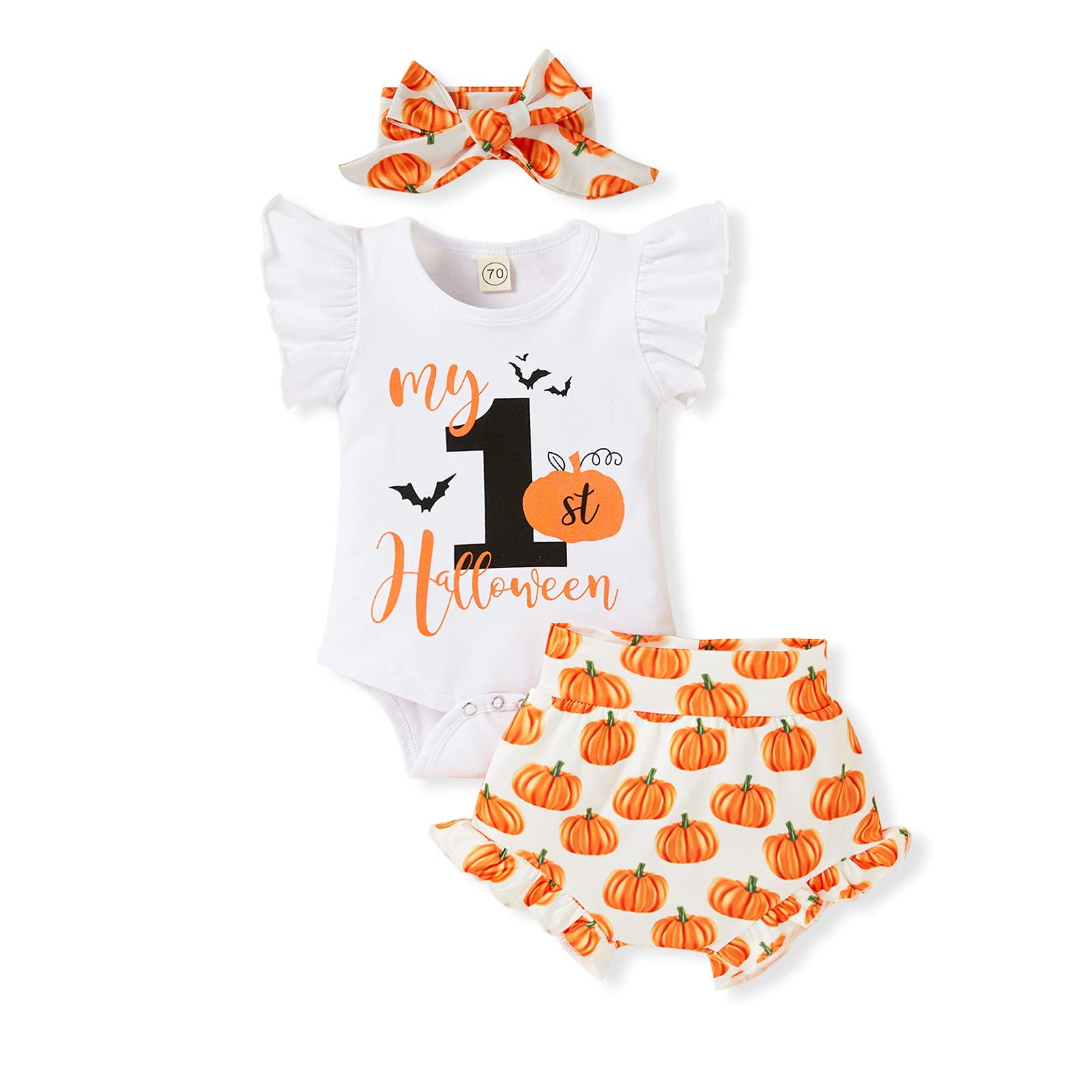 GRNSHTSNewborn Baby Girls Halloween Outfits My First Halloween Ruffle Romper+Pumpkim Shorts 3pcs Clothing