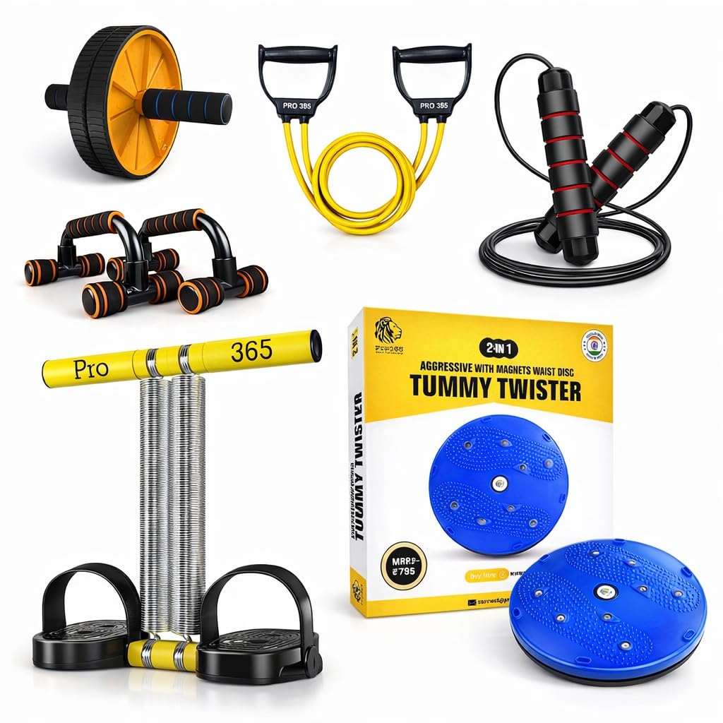 Home Fitness Equipment Kit, 6-in-1 Workout Set with Ab Roller Wheel, Resistance Bands, Jump Rope, Push-Up Bars, Tummy Twister, Spring Chest Expander