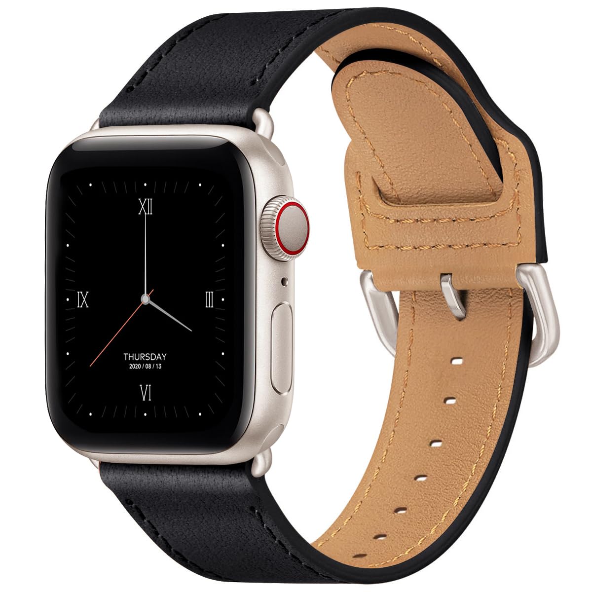 POWER PRIMACY Leather Bands Compatible with Apple Watch Band 38mm 40mm 41mm 42mm-Series 10,Genuine Leather Strap Compatible for Women Men iWatch SE Series 10 9 8 7 6 5 4 3 2 1(Black/Starlight)