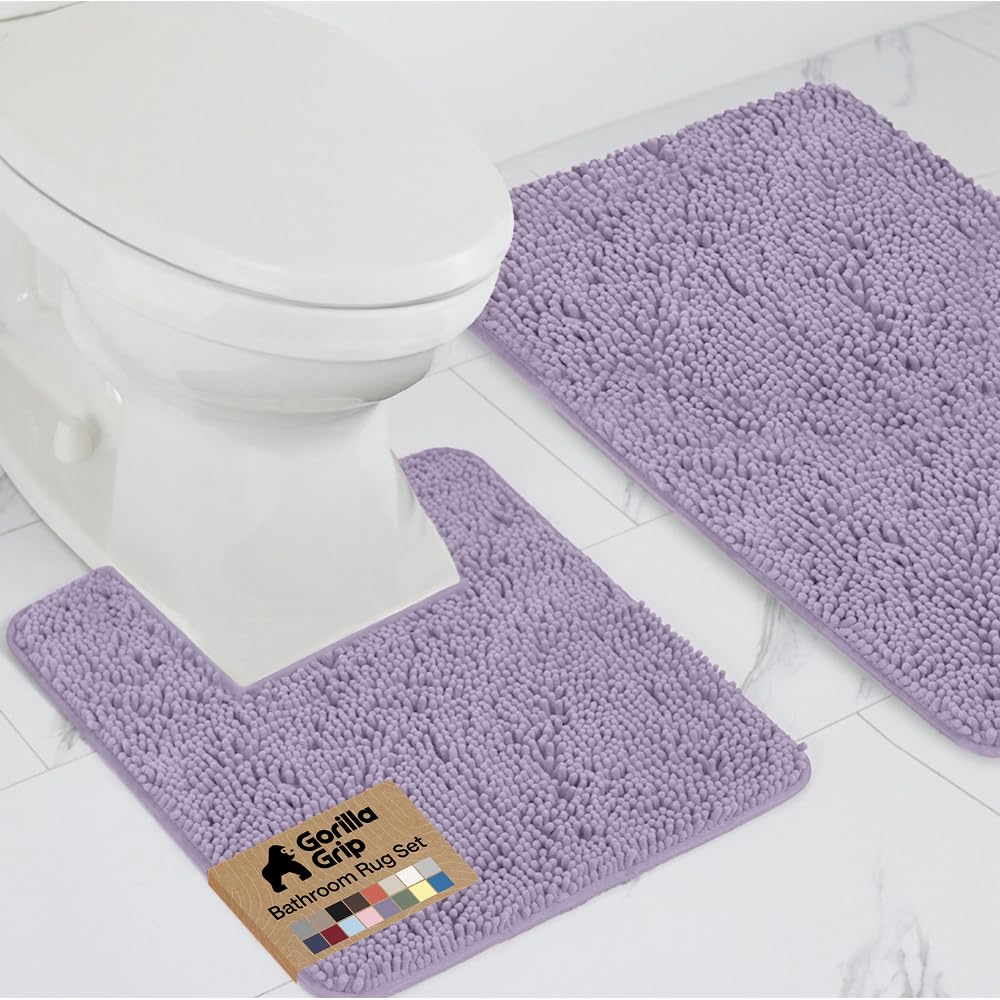 Gorilla Grip Original Shaggy Chenille 2 Piece Bath Rug Set, Includes Square U-Shape Contoured Toilet Mat & 30x20 Carpet Rug, Machine Wash/Dry Mats, Plush Rugs for Tub Shower & Bath Room, Light Purple — image 1