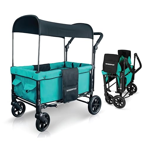 WONDERFOLD W1 - Cochecito doble original con 2 asientos cara a cara con arneses de 5 puntos, mango ajustable y toldo extraíble con protección UV,