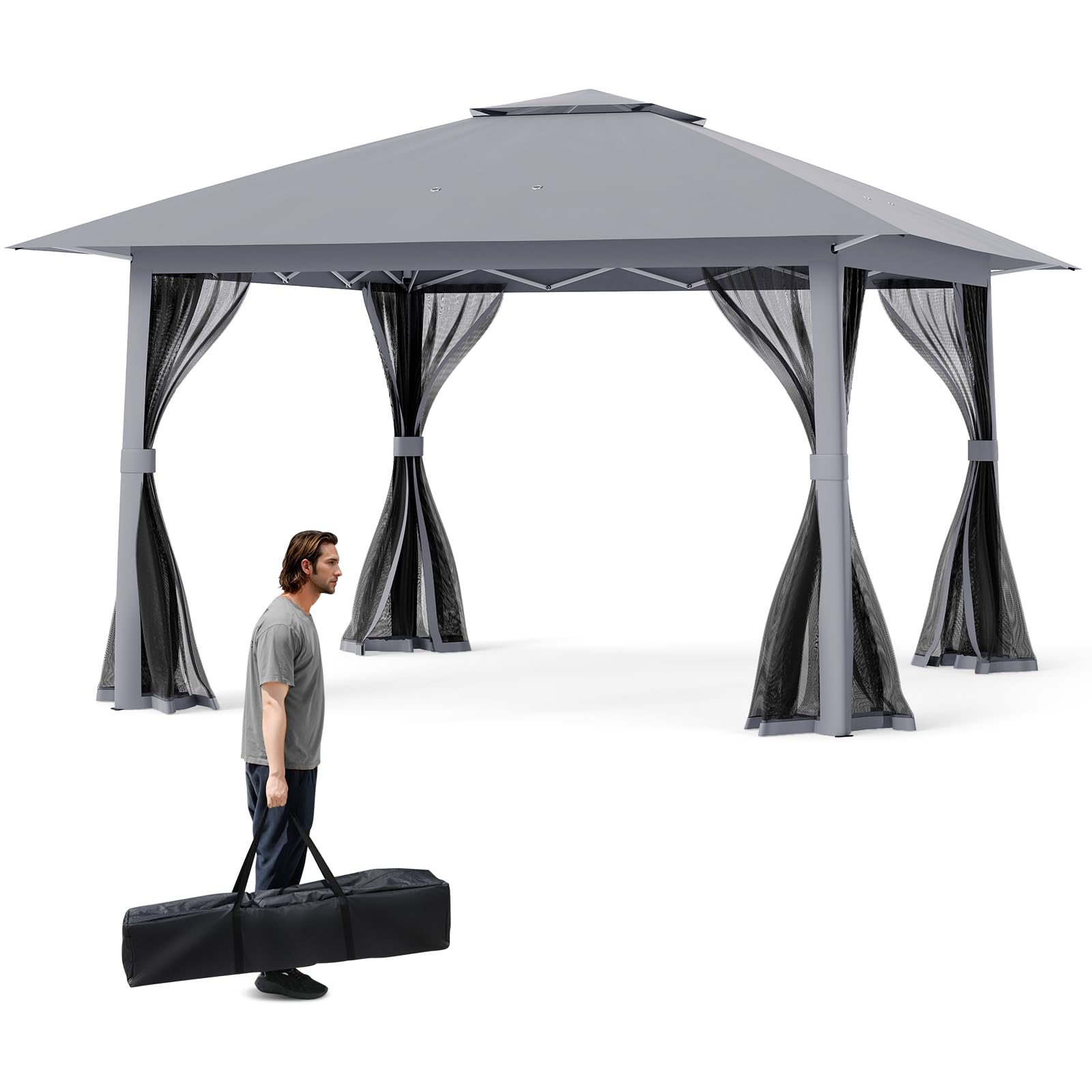 COSTWAY Pop up Gazebo, UPF50+ Sun-Protective Height Adjustable Pavilion Canopy Tent with Vented Top and Carry Bag, Large Marquee Party Tent Sun Shelter (Grey, 3.9m, with Mesh Netting)