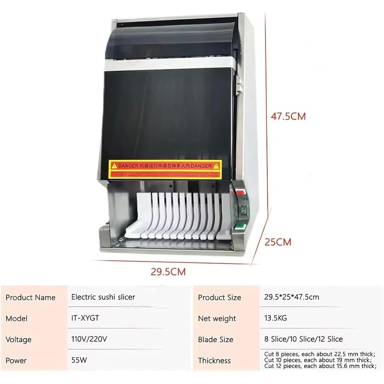 Máquina de corte de sushi, rodillo automático de acero inoxidable de 55 W para 8/10/12 secciones, hoja afilada corta rápidamente 12 rebanadas, ideal para restaurantes, cocinas domésticas y barras de