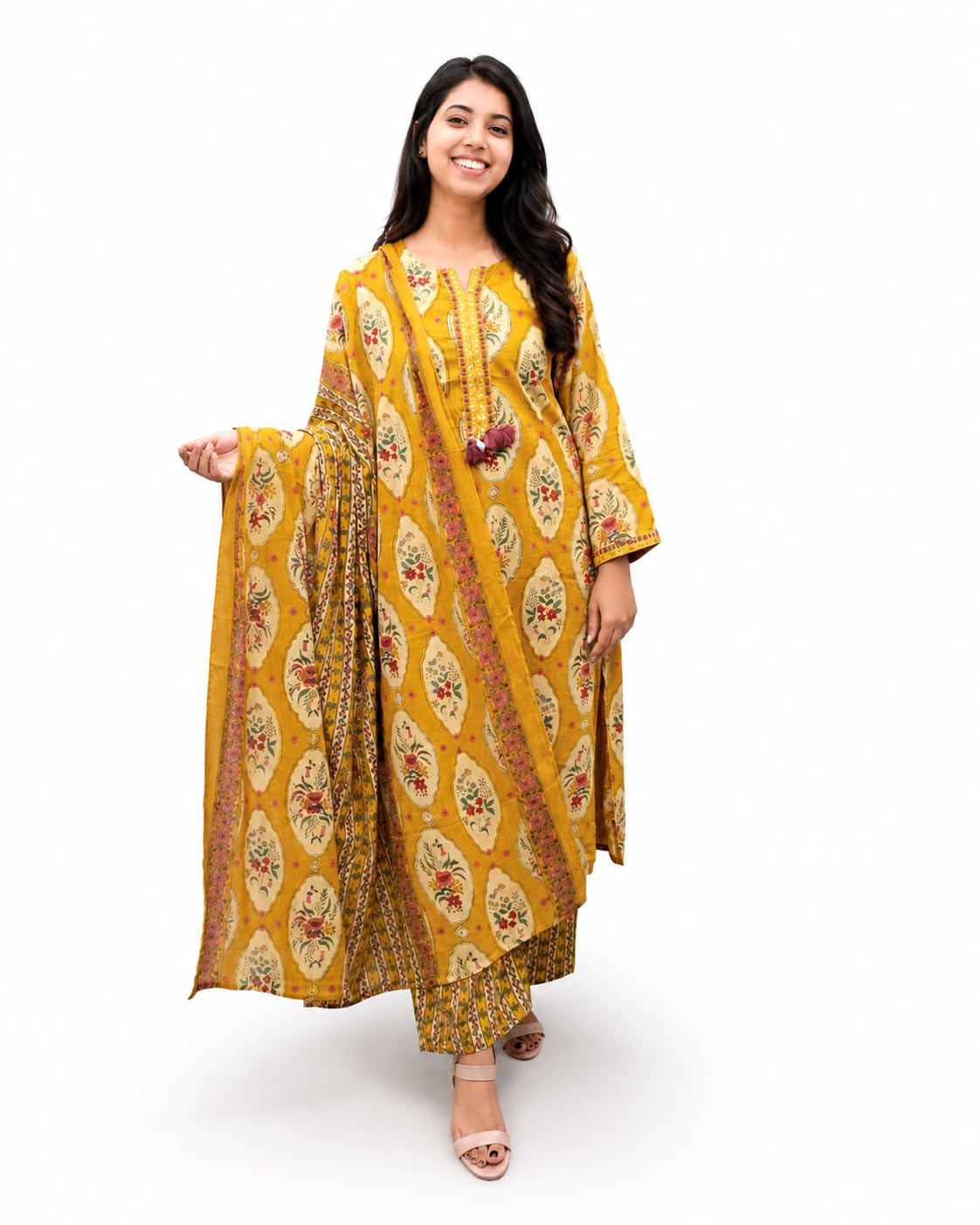 Women's Mustard Yellow Floral Print Kurta Palazzo with Dupatta-picture-35