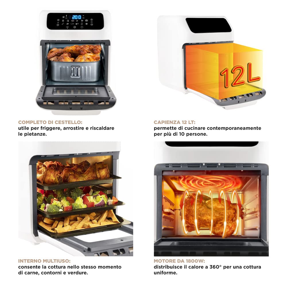 Forno Friggitrice Ad Aria Calda Da 12 Litri Con Display Digitale, Sistema A Riscaldamento Rapido, 12 Programmi Di Cottura, Timer e Temperatura Regolabili 1800 W