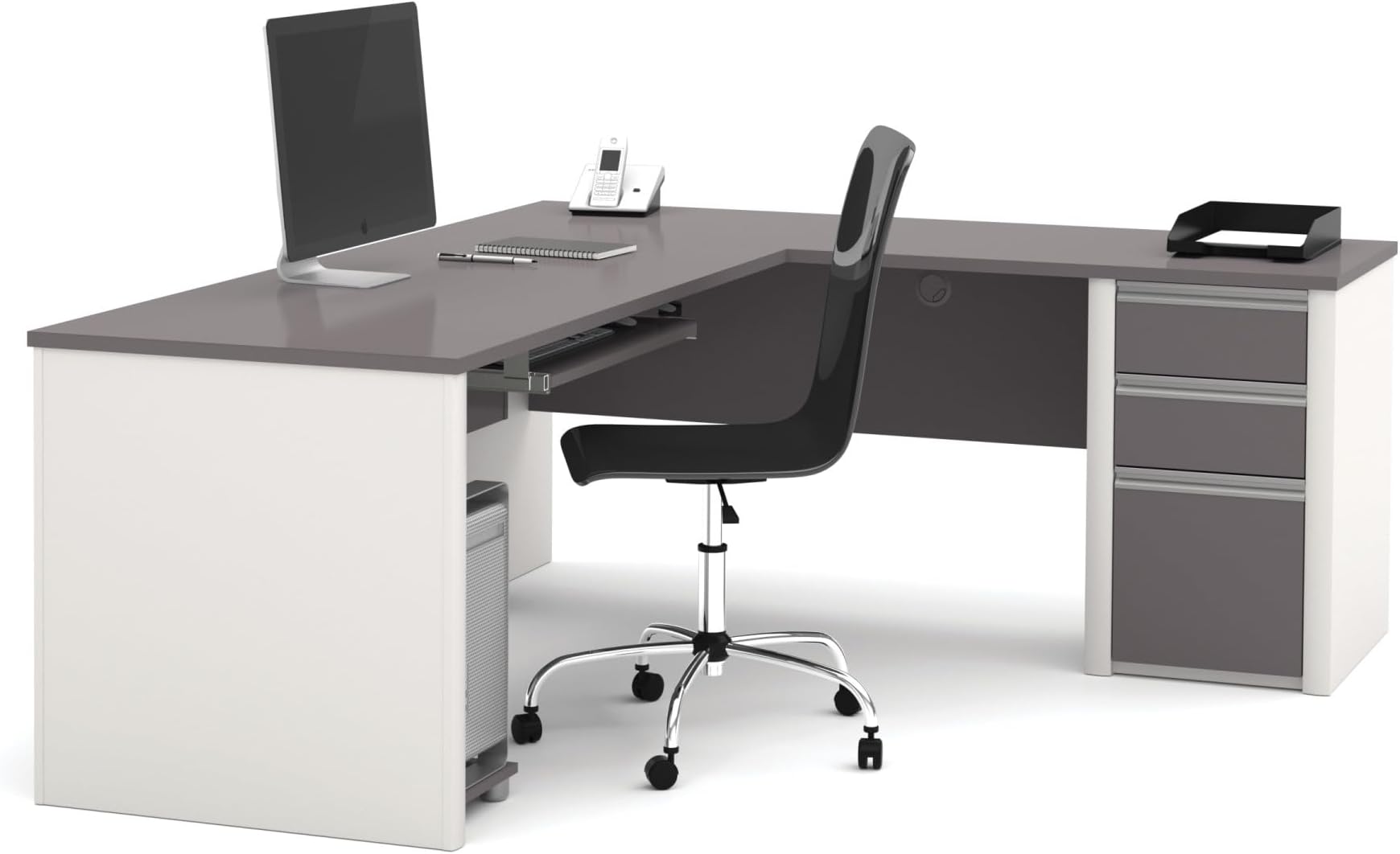 BestarConnexion L Shaped Desk with Three Drawers in Slate and Sandstone | Large Corner Table for Home Office Workspace or Personal Work Area