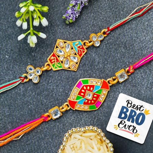 Image of eCraftIndia Set of 2 Multicolor Kundan Rakhis | Best Bro Ever Fridge Magnet | Roli Chawal Pack | Designer Rakhi for Brother Bhaiya Bhai Bhabhi Kids