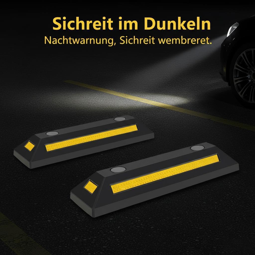 8X butée de Roue 54 x 15 x 10 cm – en Caoutchouc – 4 kg/pièce – avec Réflecteurs – Aide au stationnement Stop Roues pour Parkings, Sol Garage