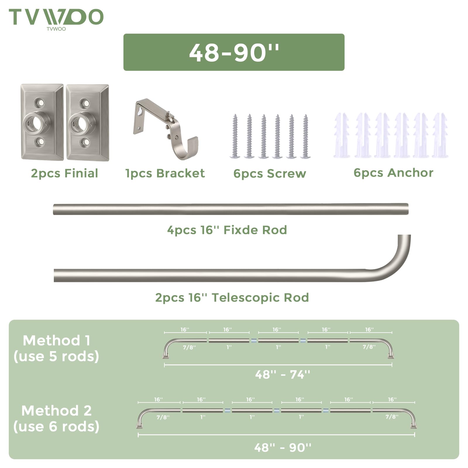 TVWOO Wrap Around Curtain Rods,Brushed Nickel Curtain Rods for Windows 48 to 84 Inch,1 Inch Adjustable Blackout Curtain Rod,Room Darkening Single Window Rods,Curved Drapery Rods 48-90",Satin Nickel